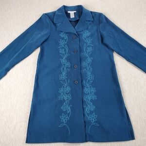 Susan Graver Faux Suede Blue Long Blazer Embroidery Long Sleeve XS Button Front